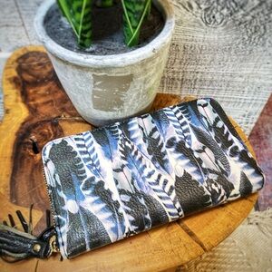 3/$30 | Indigo | Faux Leather Large Wallet - Blue/White/Black, Feathers